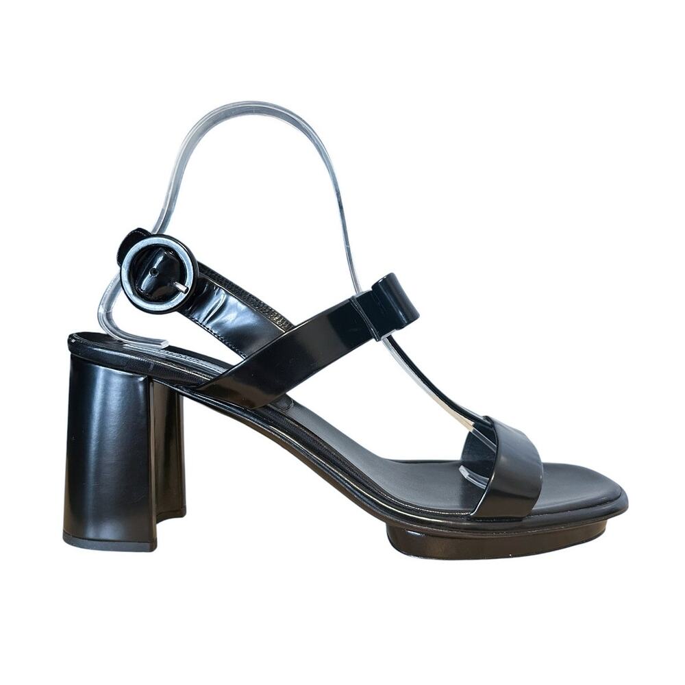 Prada Black Patent Leather T Strap Bow Open Toe Block Heel Sandals 40